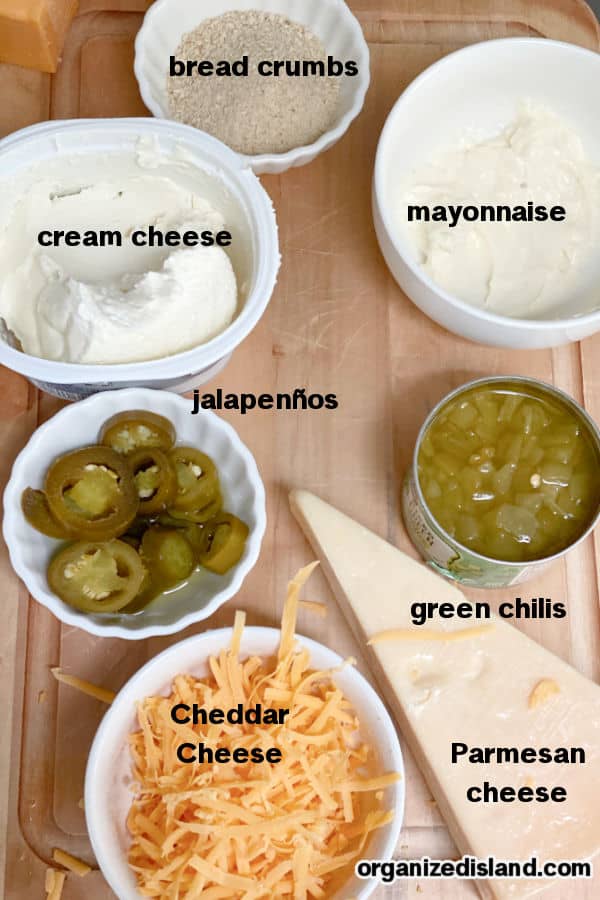 Baked Jalapeno Dip Ingredients - cheese, mayonnaise, cream cheese, jalapenos, green chilis