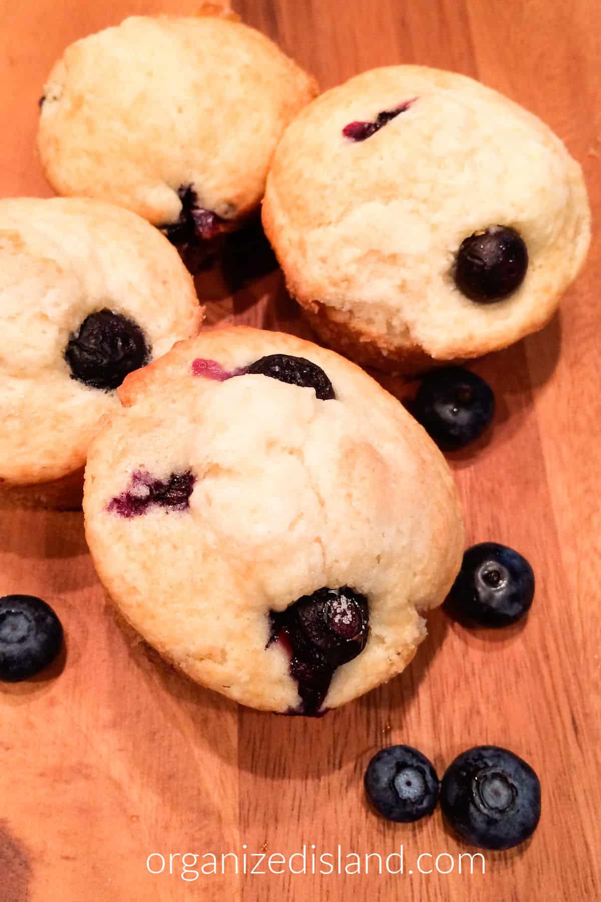 Bisquick blueberry muffins on board.