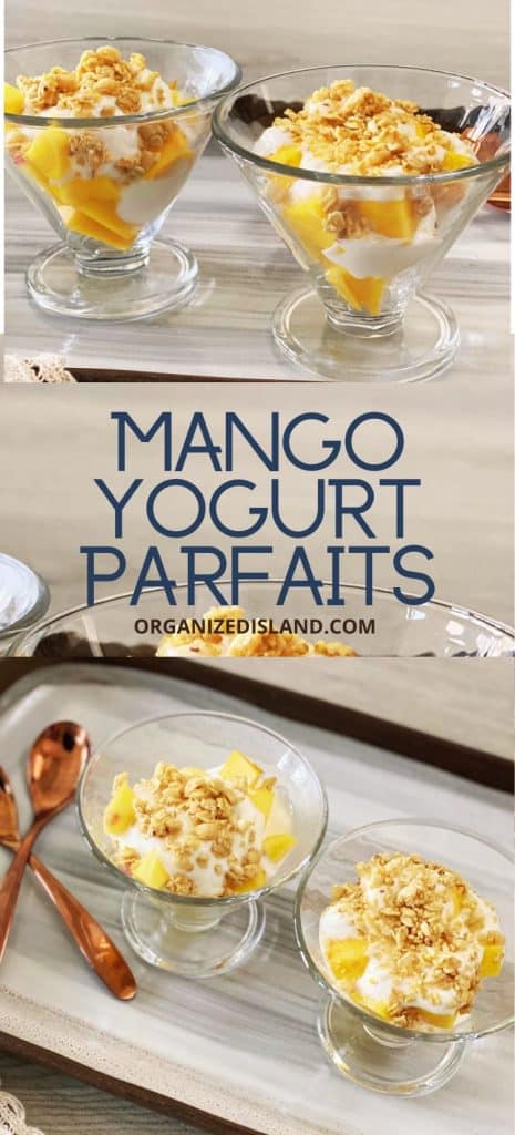 Mango and yogurt fruit Parfaits in clear glasses.