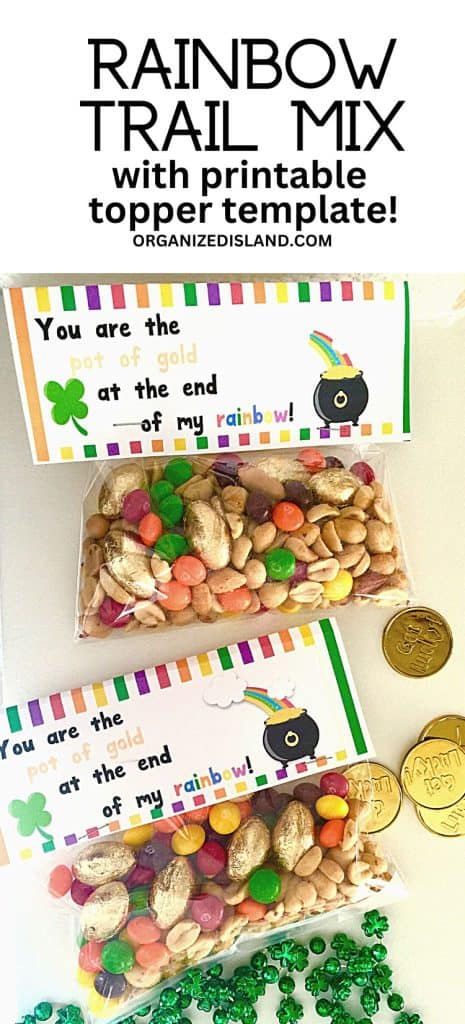 Rainbow Trail Mix with St. Patrick's day party favor topper.