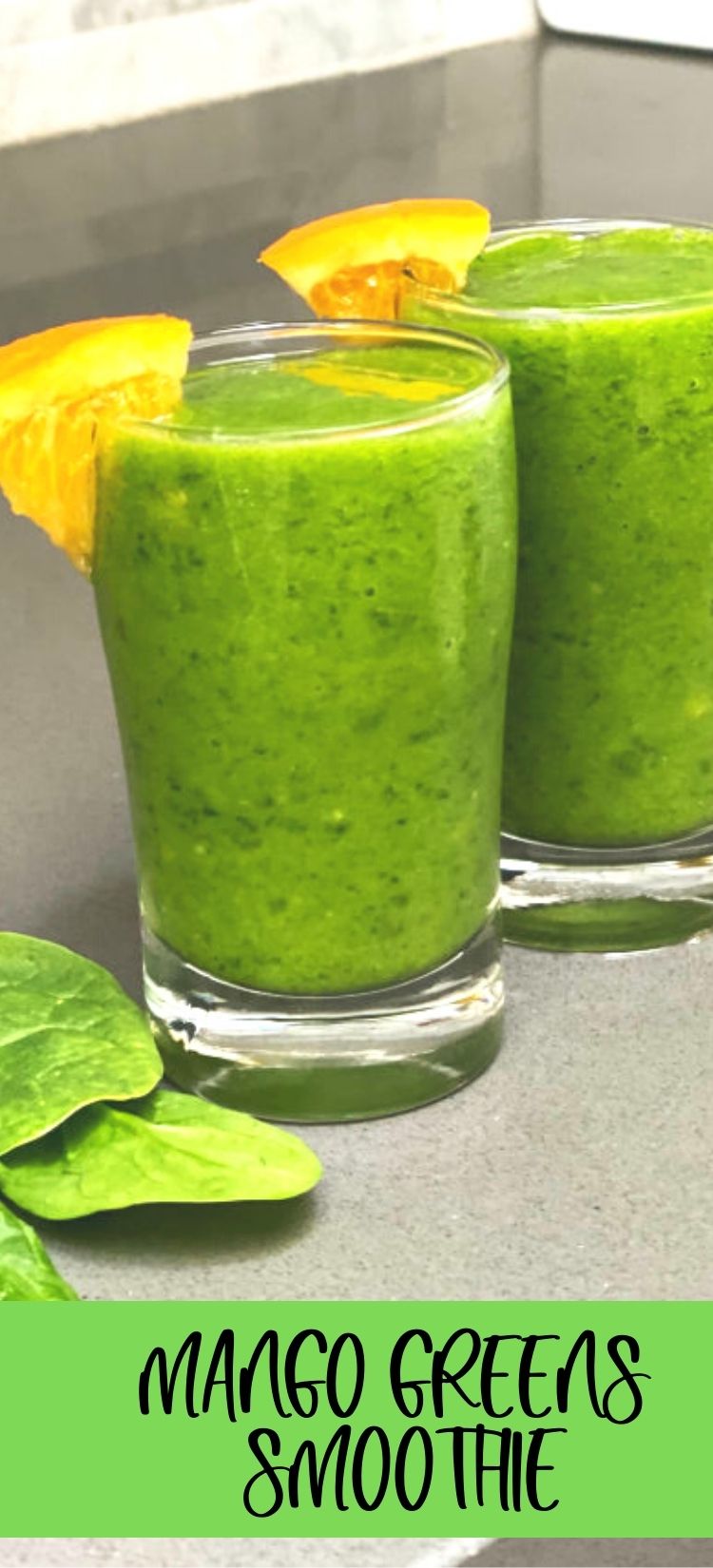 green smoothie in glasses with mango
