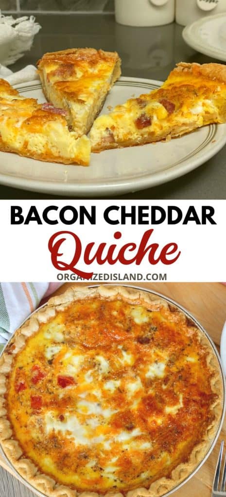 Easy Bacon and Cheese Quiche in pan and sliced.