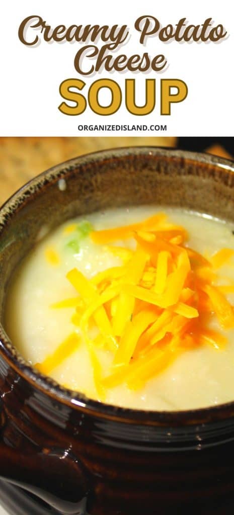 Creamy Potato Cheese Soup in bowl with cheese on top.
