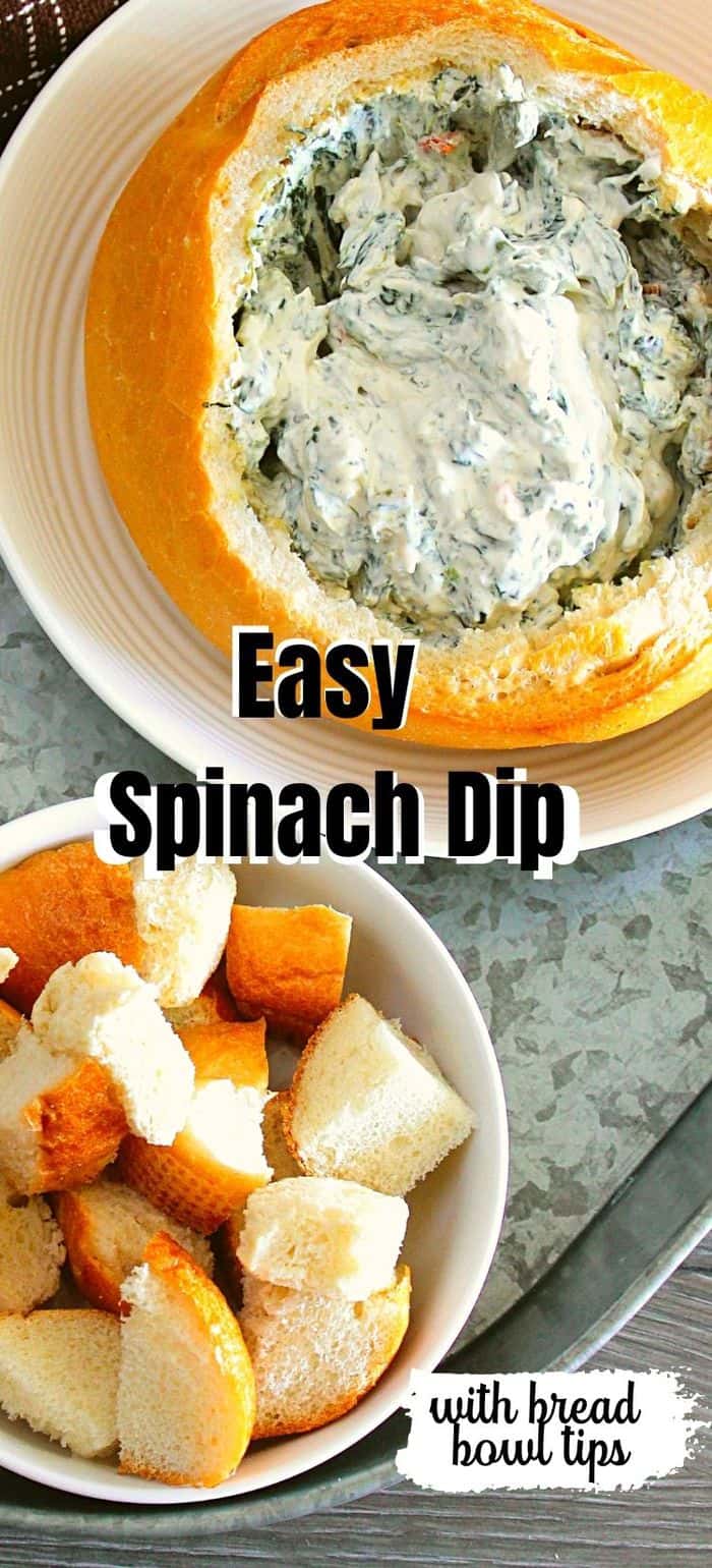 Spinach Dip in bread bowl with bread pieces