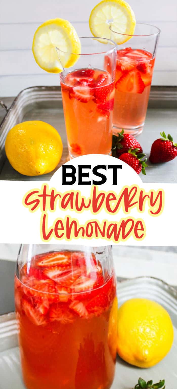Homemade strawberry lemonade in glass and in pitcher.