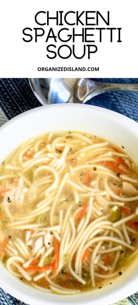 Chicken Soup with Spaghetti Noodles in bowl.