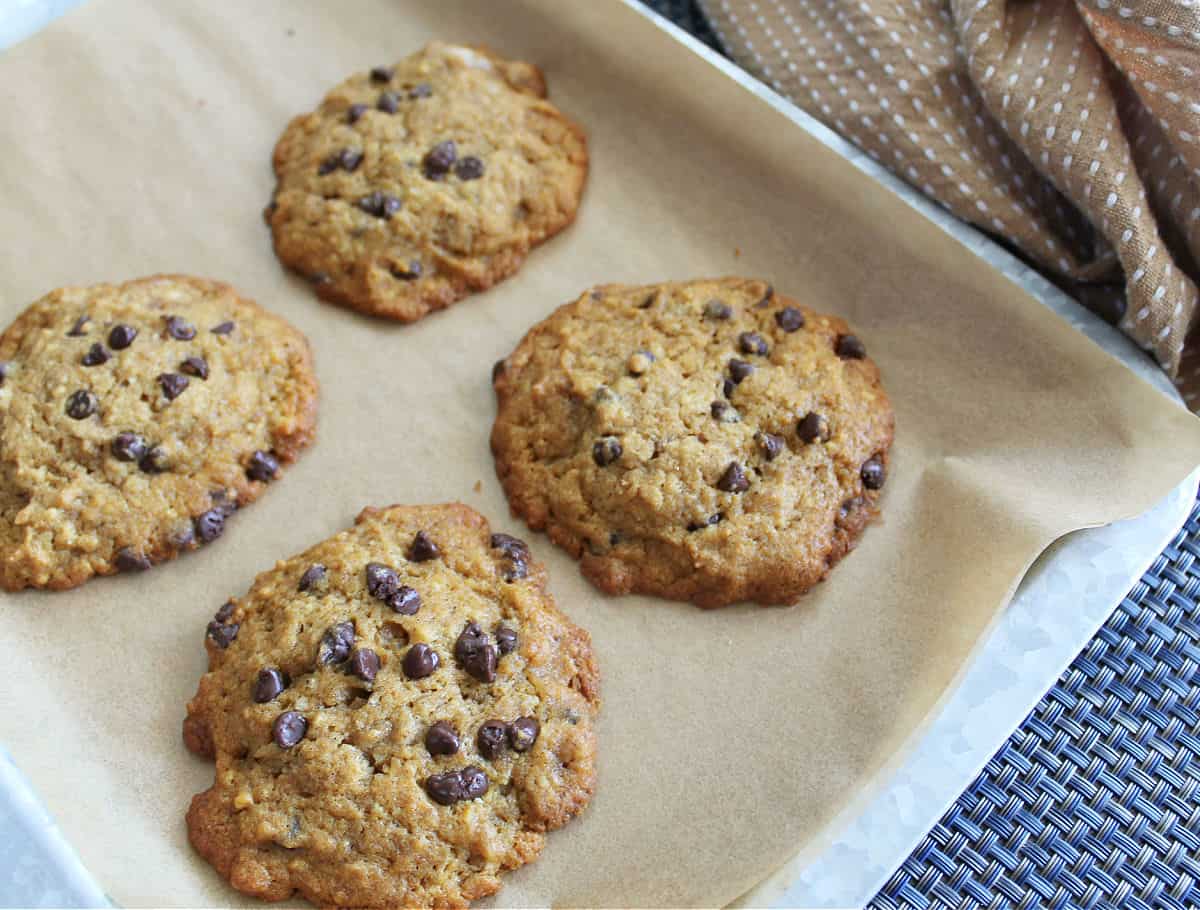Soft Pumpkin Chocolate Chip Cookies on cookie sheet.