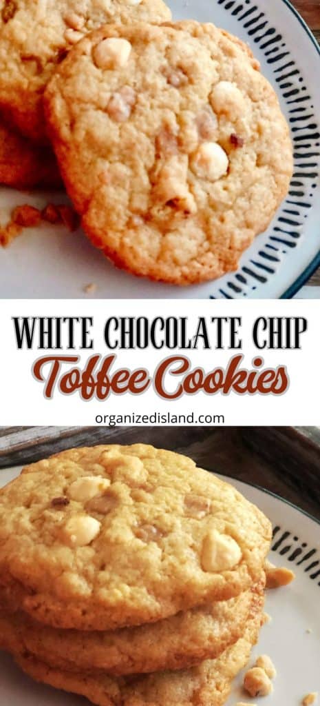 White Chocolate Chip Cookies with toffee chips on plate.