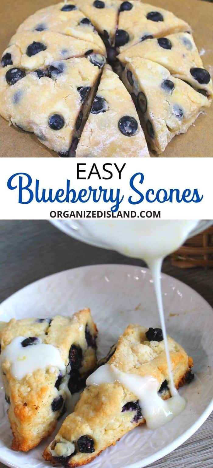 Blueberry scones with lemon icing on plate.