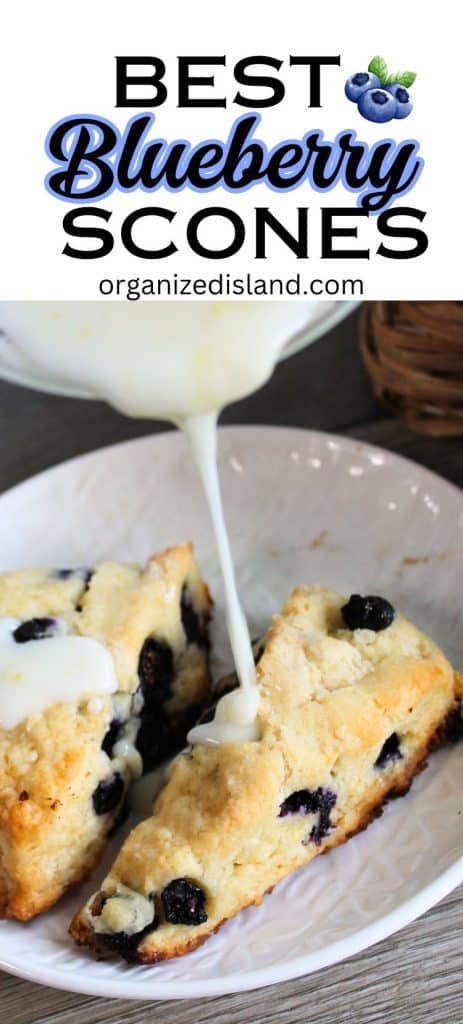 Easy Blueberry Scones with icing drizzled on top of the scones.