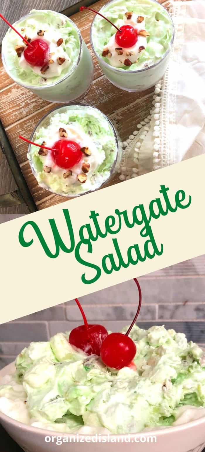 Watergate Salad Recipe in parfaits and bowl with cherries on top.