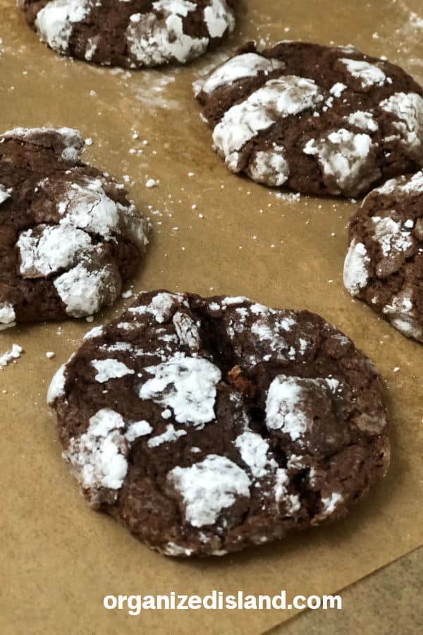 Chocolate Crinkle Cookies on parchment paper.
