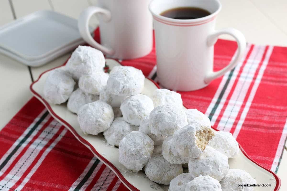 Snowball cookies on platter.