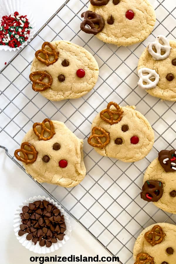 Top down view of Holiday Reindeer Cookies on a cooling rack.