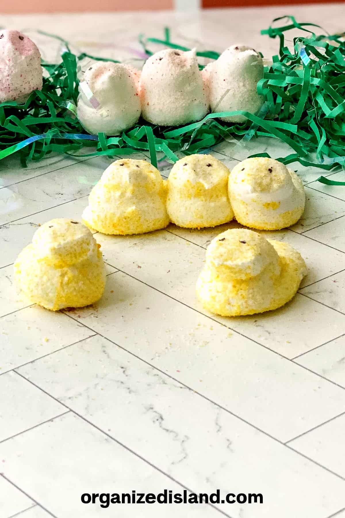 Homemade Peeps on counter with faux grass.