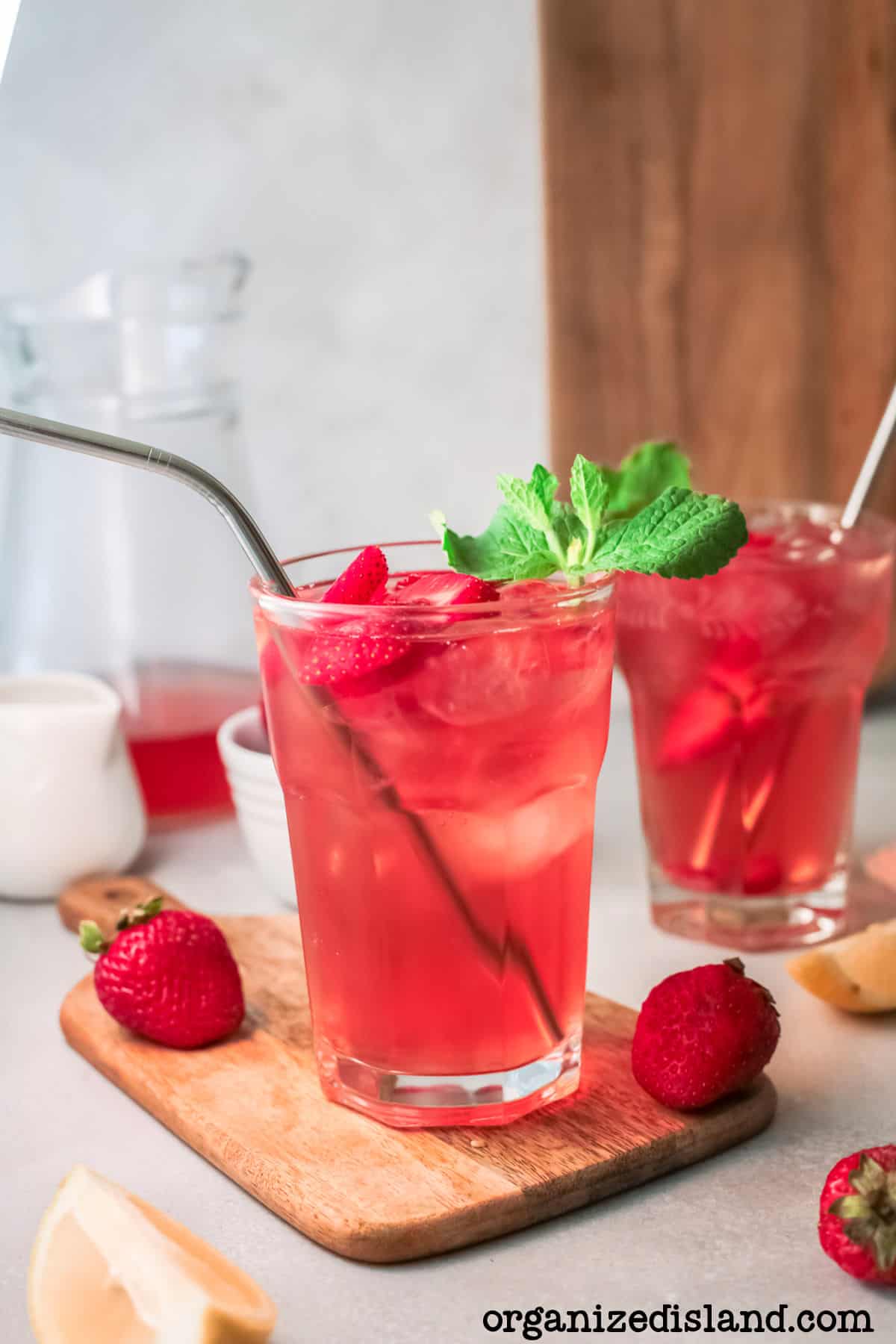 Strawberry iced Tea in glass with mint.