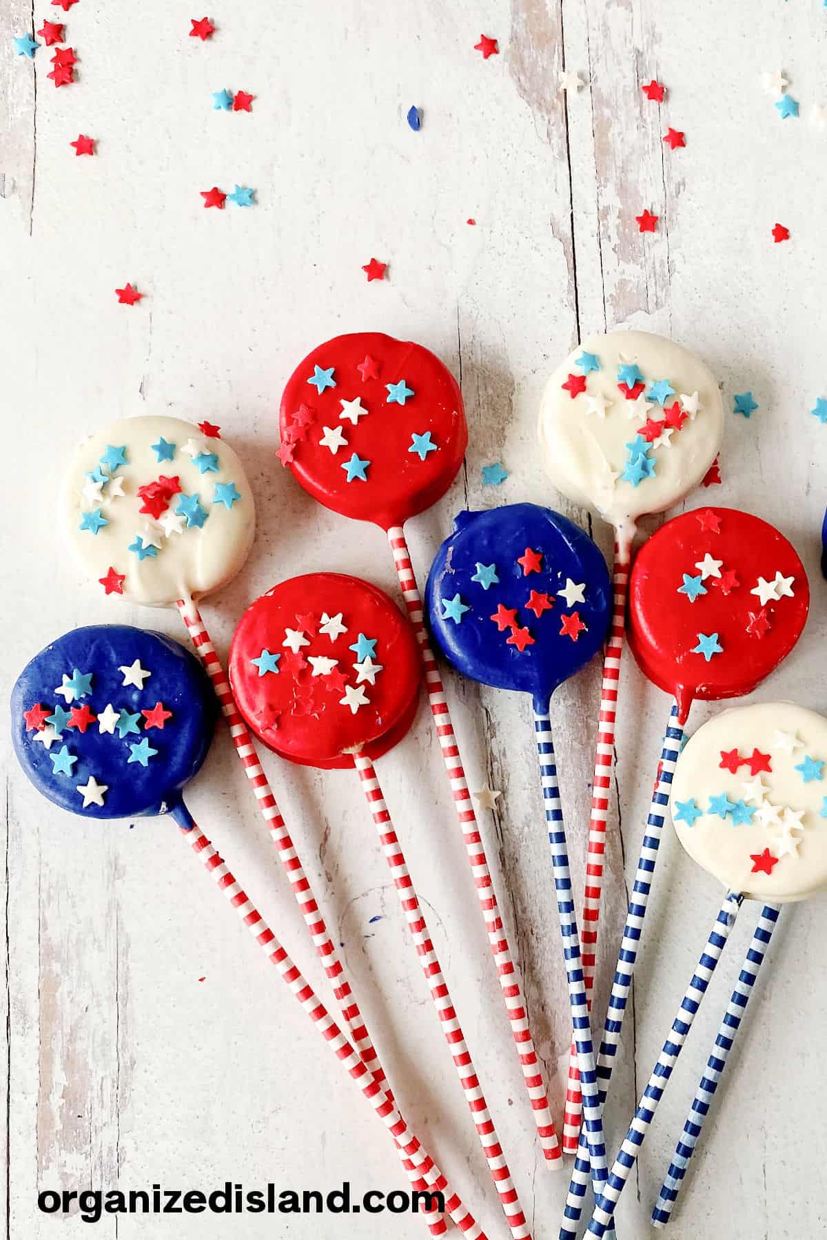 Red White and Blue Oreos lollipops.