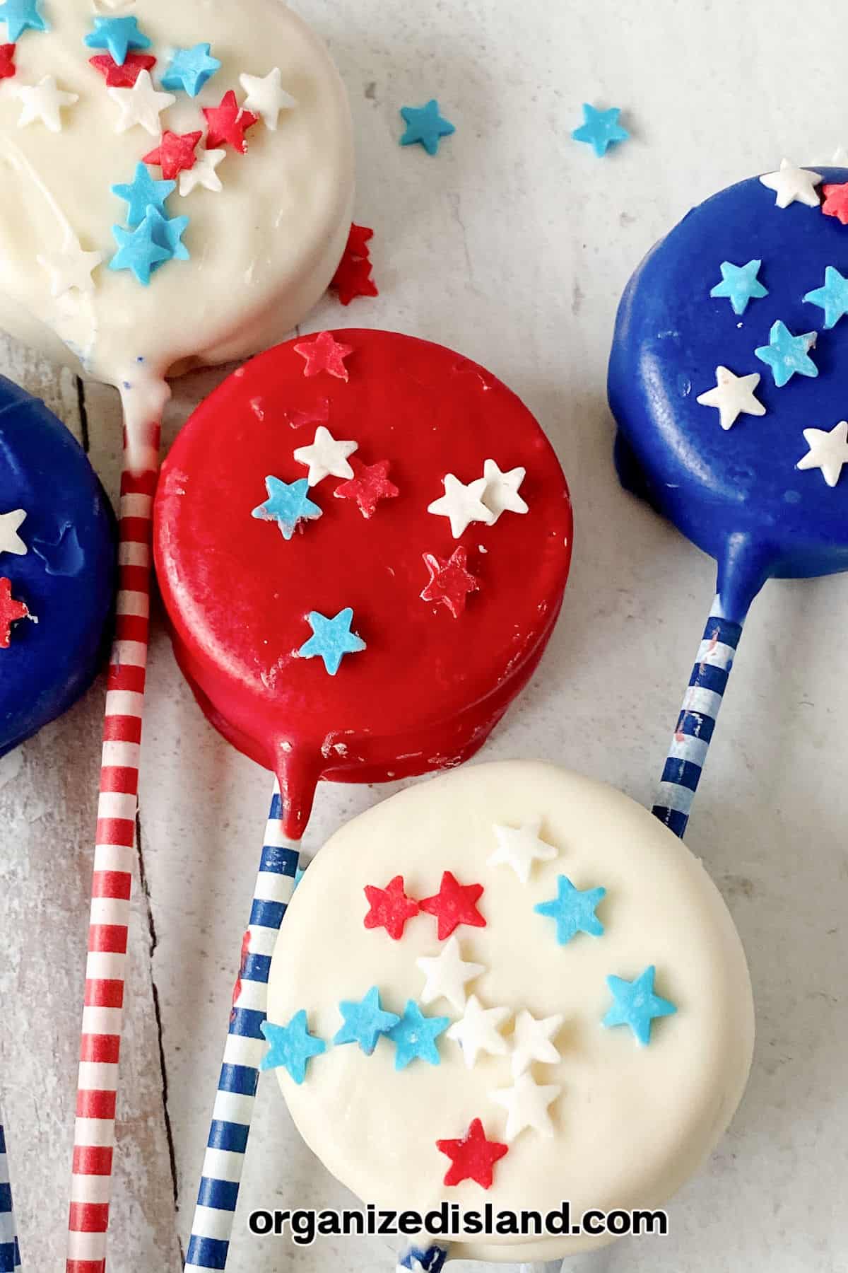 Red White and Blue Patriotic candy covered Oreos.