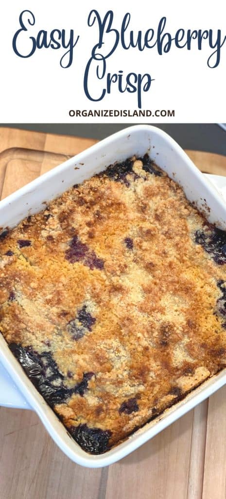 Easy Blueberry Crisp iwith crumb topping in square pan.