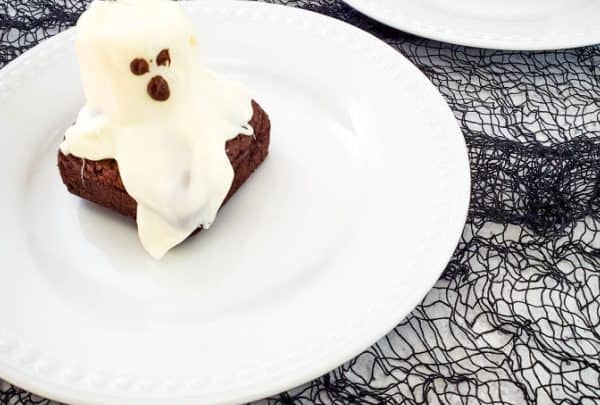 Halloween Brownies with ghosts on top on plate