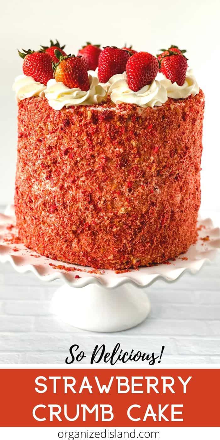 Strawberry Crumb Cake on cake stand