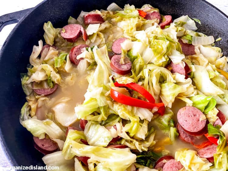 Fried Cabbage and Sausage in skillet