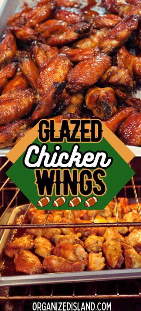 Glazed chicken wings on tray and in oven.