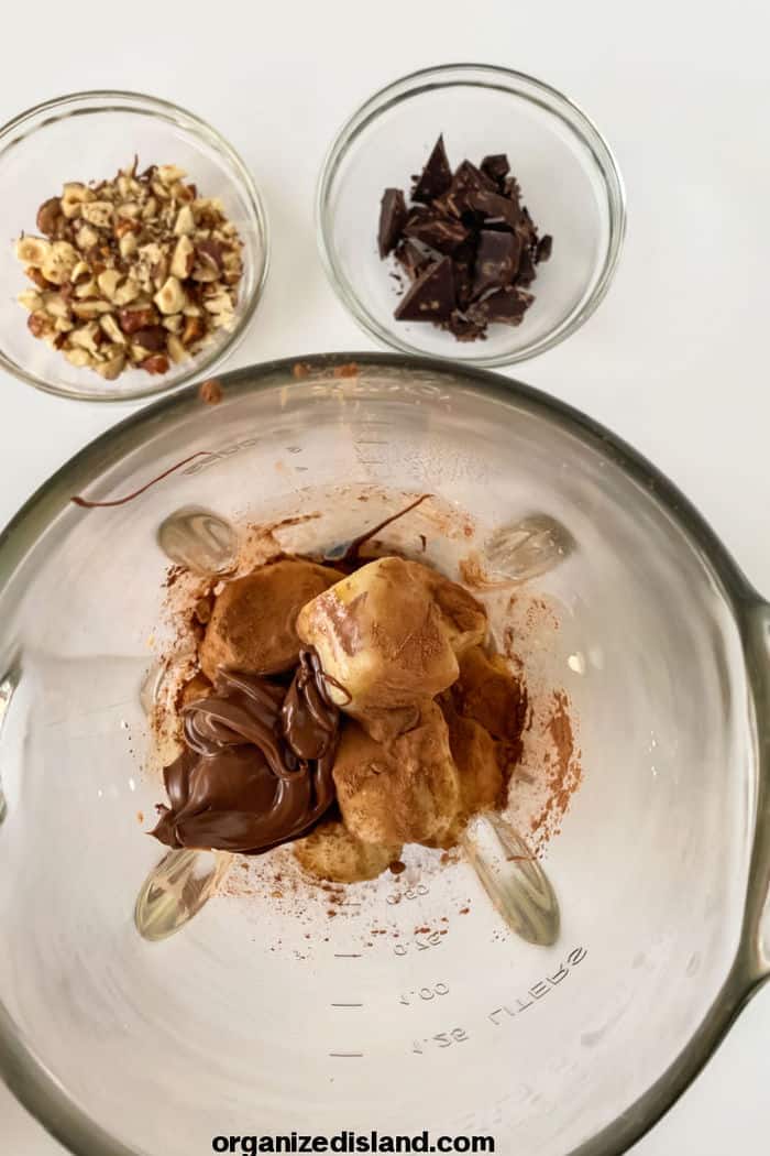 Chocolate Smoothie Bowl Ingredients in a bender.