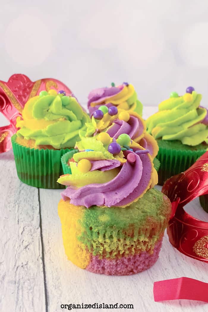 Tri Colored Mardi Gras Cupcakes.
