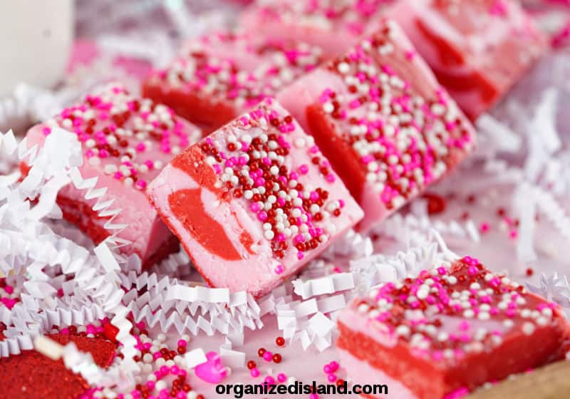 Pink Valentine's Fudge in slices. 