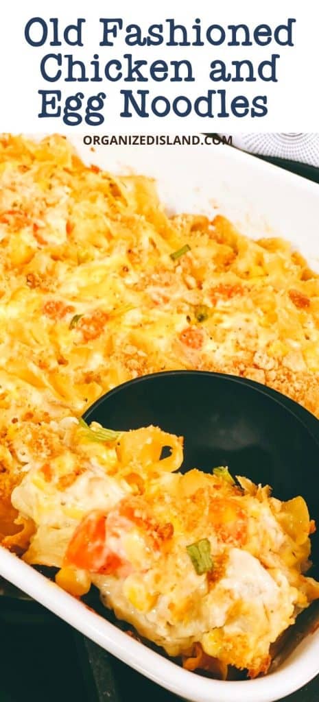 old fashioned chicken and egg noodles casserole in dish.