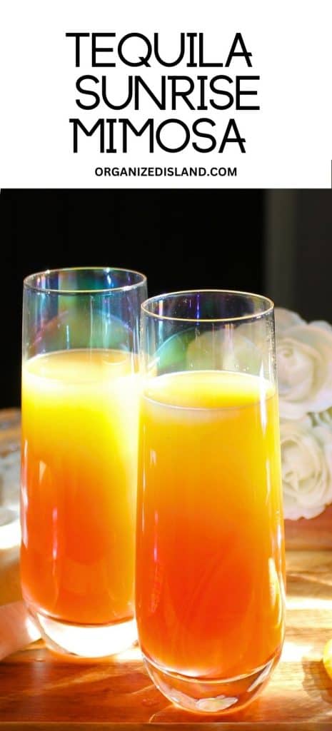 Tequila Sunrise Mimosas in champagne glasses.