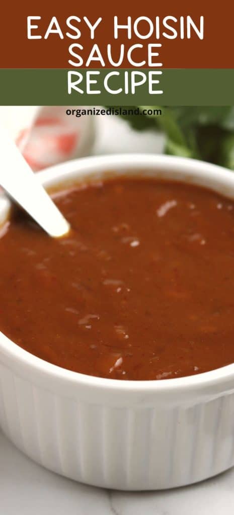 Easy Hoisin Sauce Recipe pin image - sauce in cup.