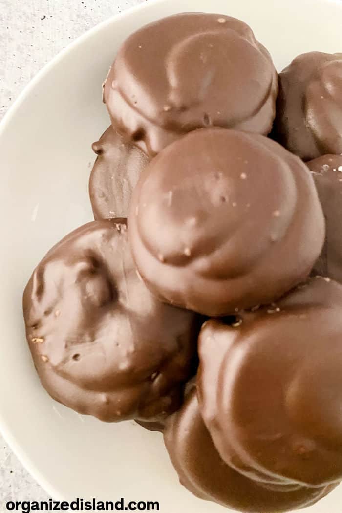 chocolate covered cookies in dish.