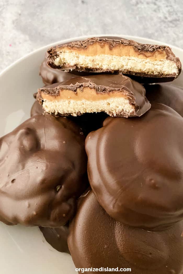 Tagalong Cookie stacked and cut in half.