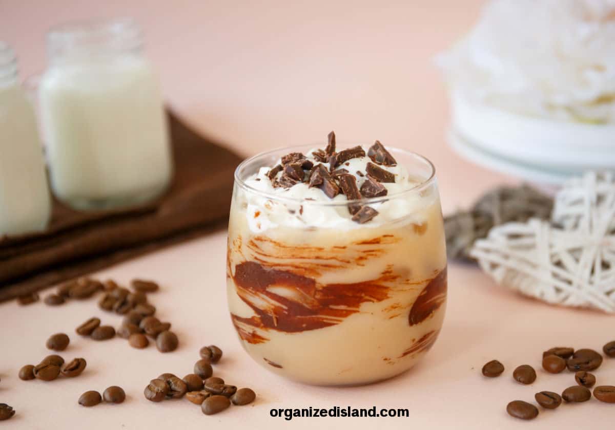 Chocolate Frappe Starbucks Copycat Recipe in glass with chocolate chips.