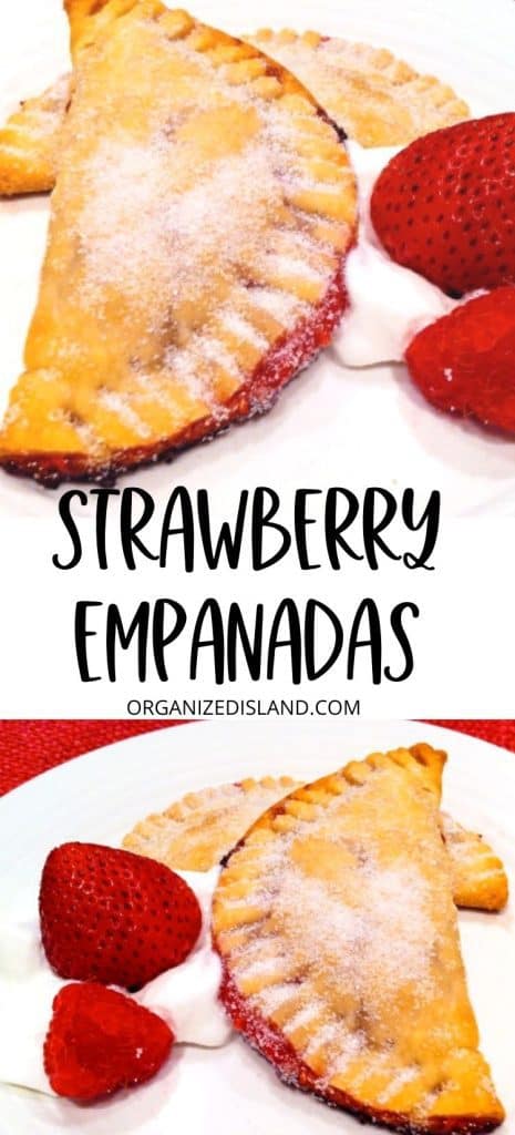 Strawberry empanadas with cream on plate.