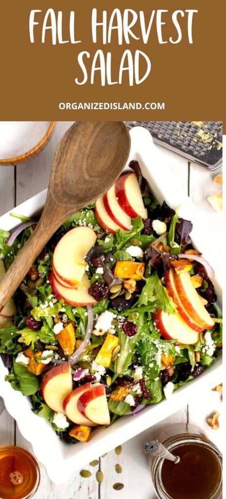 Fall Harvest Salad topped with apples and feta cheese in white bowl.