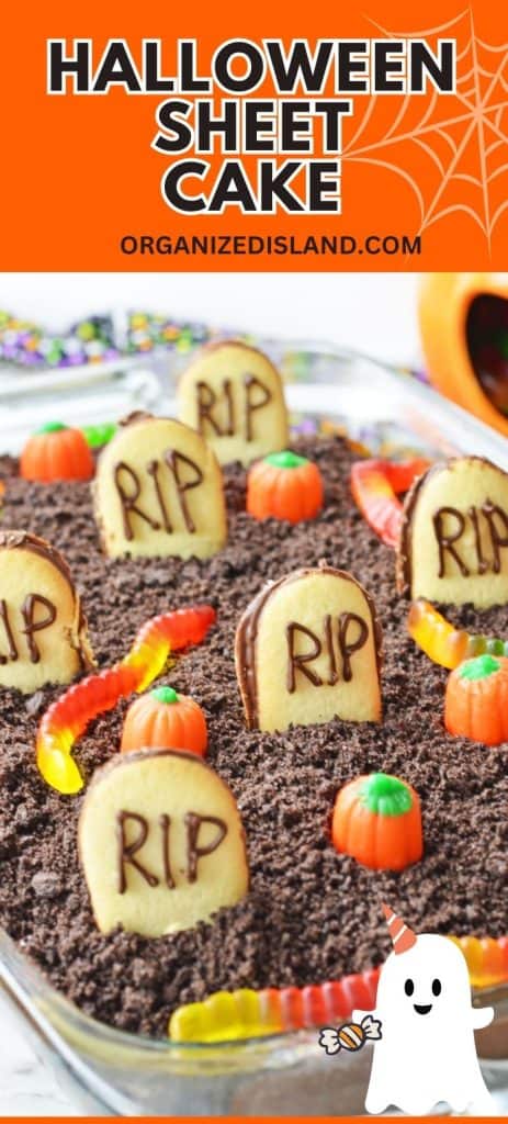 Halloween graveyard cake with cookies as grave markers.