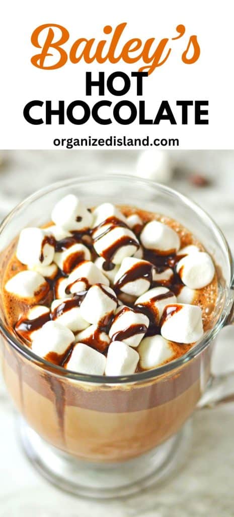 Easy Baileys Spiked Hot Chocolate in mug with marshmallows.