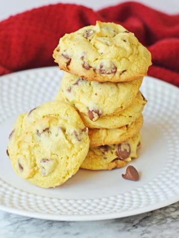 Chocolate Chip Cake Mix cookies stacked.
