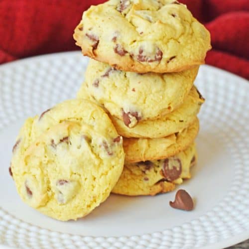 Chocolate Chip Cake Mix cookies stacked.