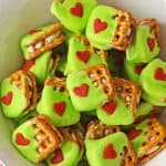 Grinch Pretzel Bites in white bolwl.