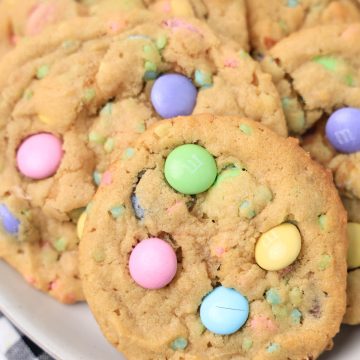 Easter M and M Cookies on plate.