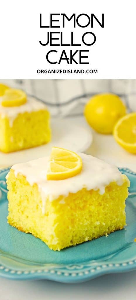Lemon Jello Cake slices with lemons.