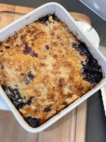 Best Baked Blueberry Crisp in pan,