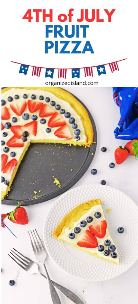 4th of July Fruit Pizza in pizza pan with a slice on plate.