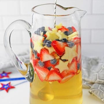 Red White and Blue Sangria in pitcher.
