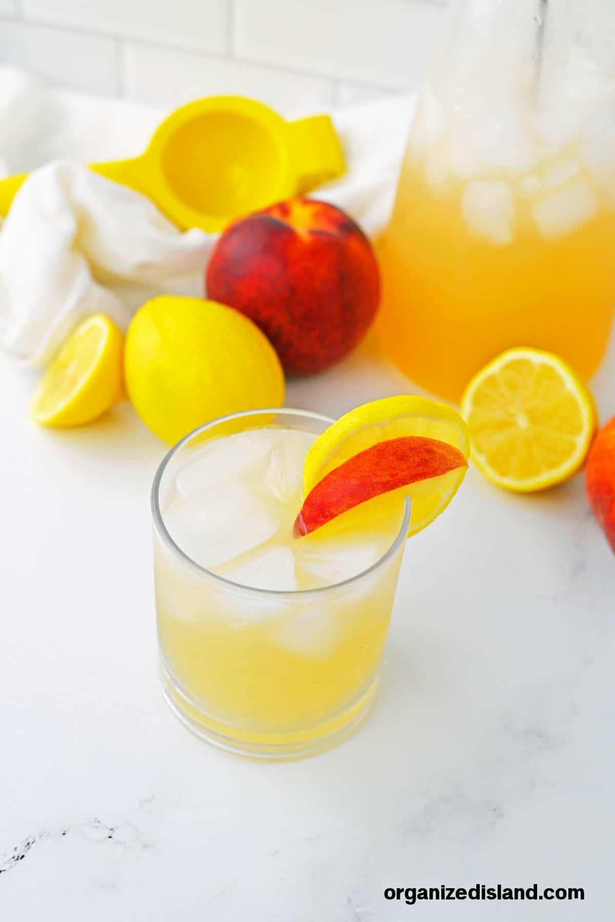 Homemade Peach Lemonade in glass.