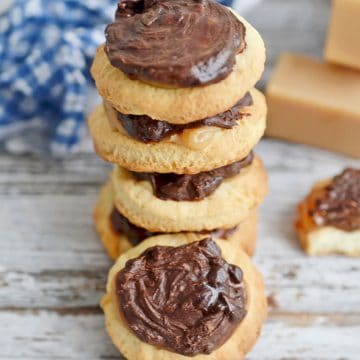 Homemade Twix cookies stacked.
